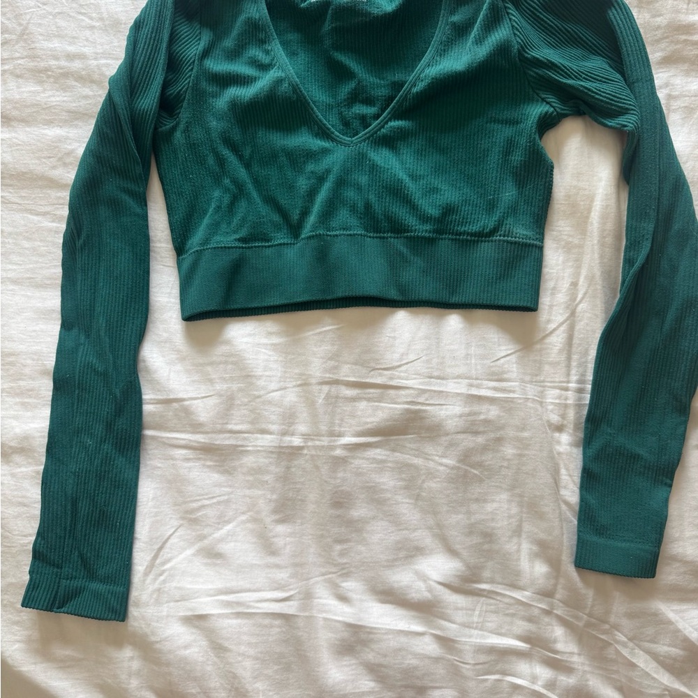 Garage Teal Ribbed Long Sleeve Crop Top